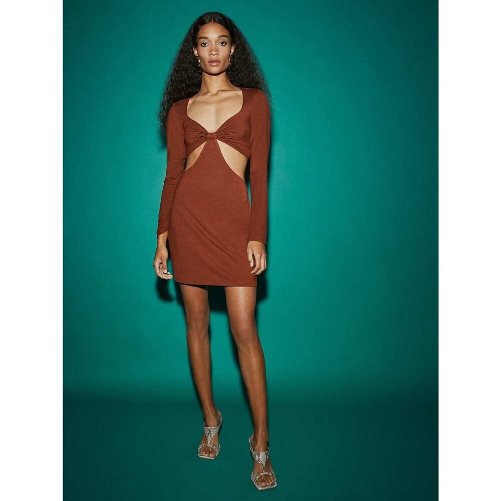 Reformation | NEW Hale Cutout Bodycon Long Sleeve Mini Dress Chestnut Vacation